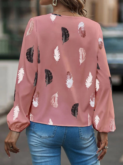 Printed Notched Neck Long Sleeve Blouse